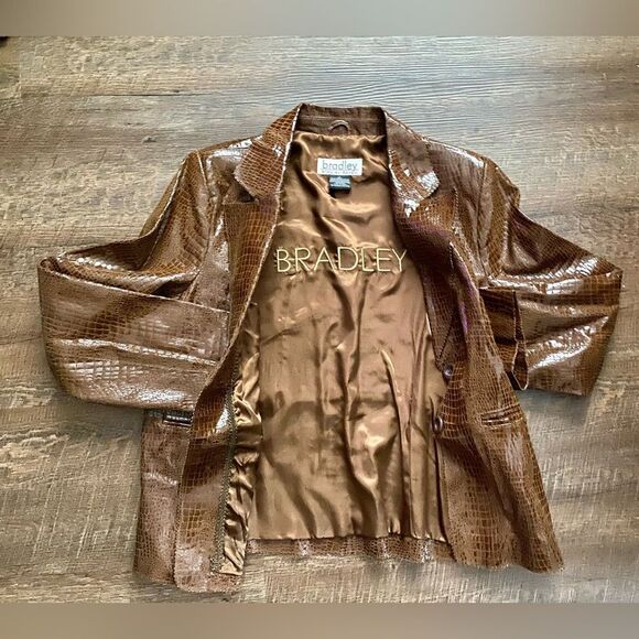 BRADLEY BAYOU brown leather coat shiny crocodile embossed Y2K Glam vintage sz L - Picture 12 of 14